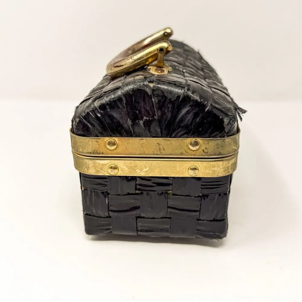 Vintage Woven Plastic Raffia Box Purse Black Gold Lucite Handle Jewelry Case